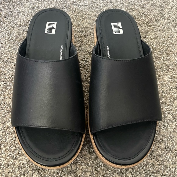 Women’s Fitflop Eloise Cork-Wrap Leather Wedge Slides Sandals Black Size 7 - Picture 5 of 9